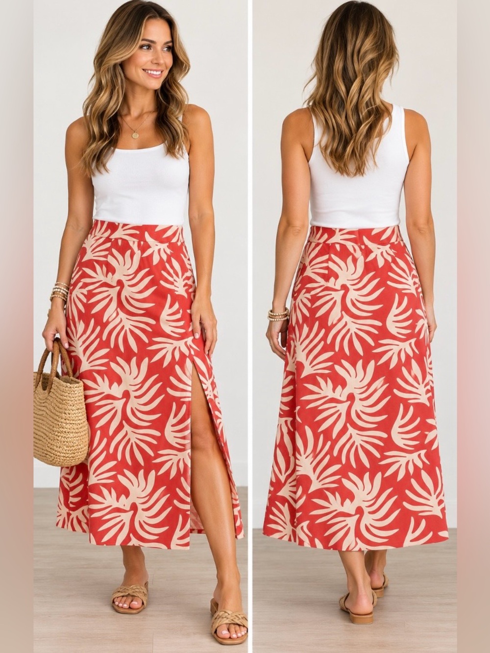 A New Day Target Large Coral Cream Tropical Print Maxi Skirt Front Slit